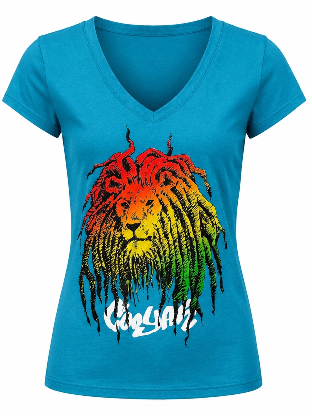 Cooyah Teal V-Neck Tee with Red-Orange-Yellow-Green Lion Graphic